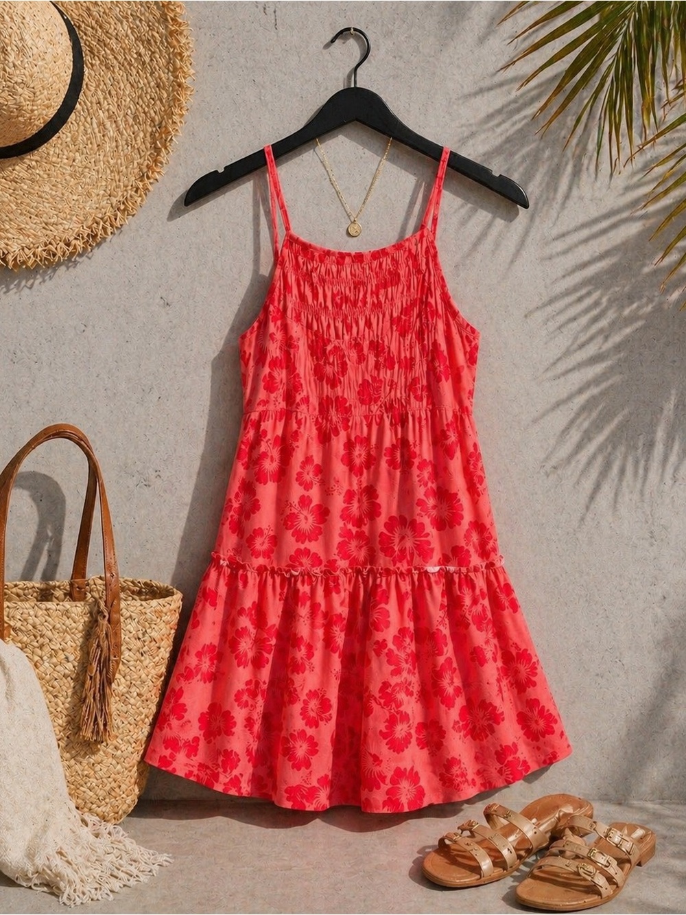 Coral Floral Mini Dress Y2K Beach Sundress Size M/L